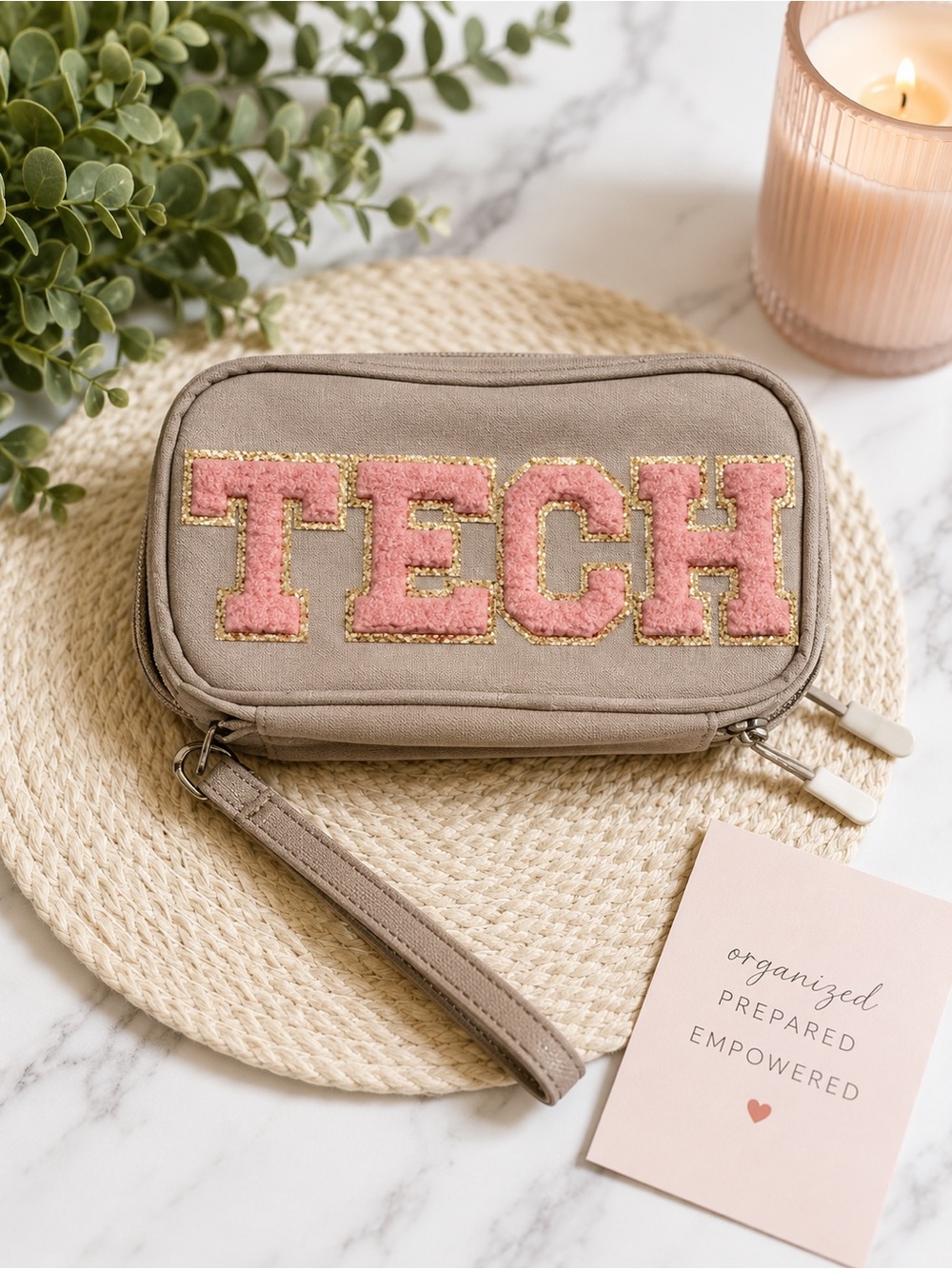 Small Taupe Tech Wristlet Pouch with Pink Applique- Storage for all your 🔌